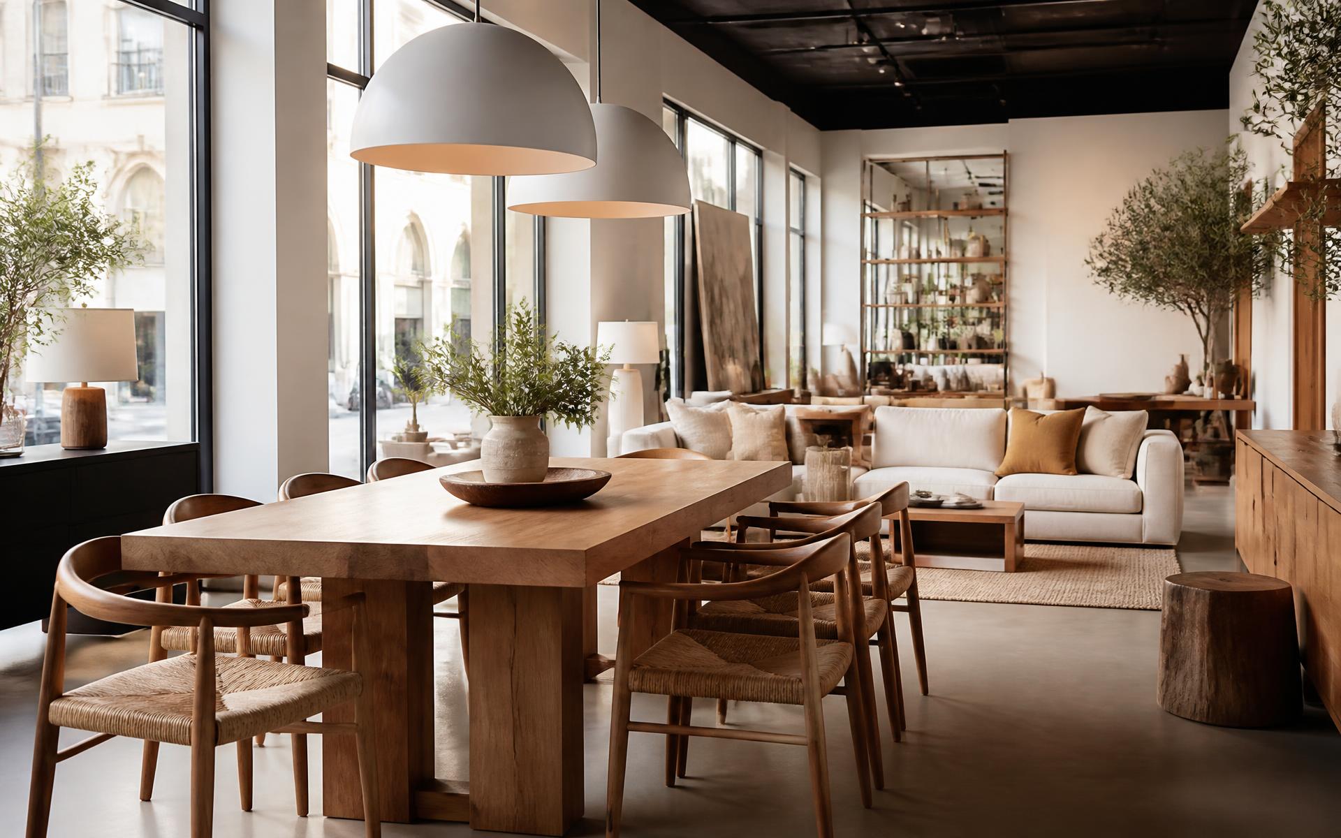 Comedor de roble y sofá de lino en el showroom de Krea Mobiliario
